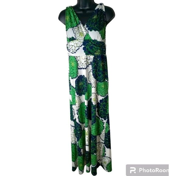 Green Blue White Floral Halter Maxi Dress Stretch Comfort Summer Spring Casual M - Picture 1 of 9